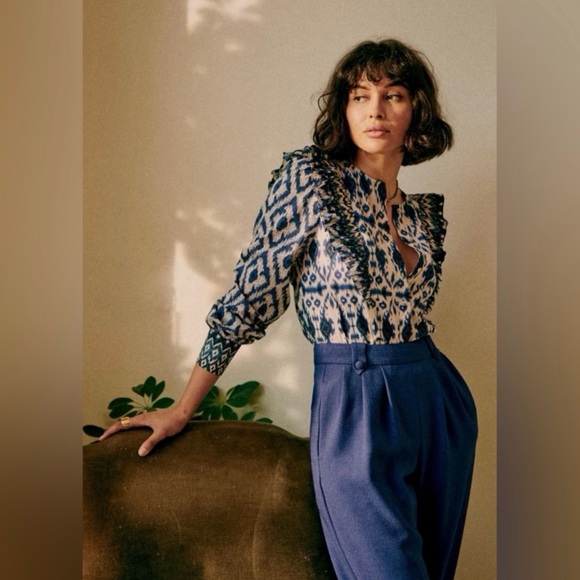 Sezane Tops - Sezane Blue White Black Button Front Ruffle Boby Blouse Size Medium